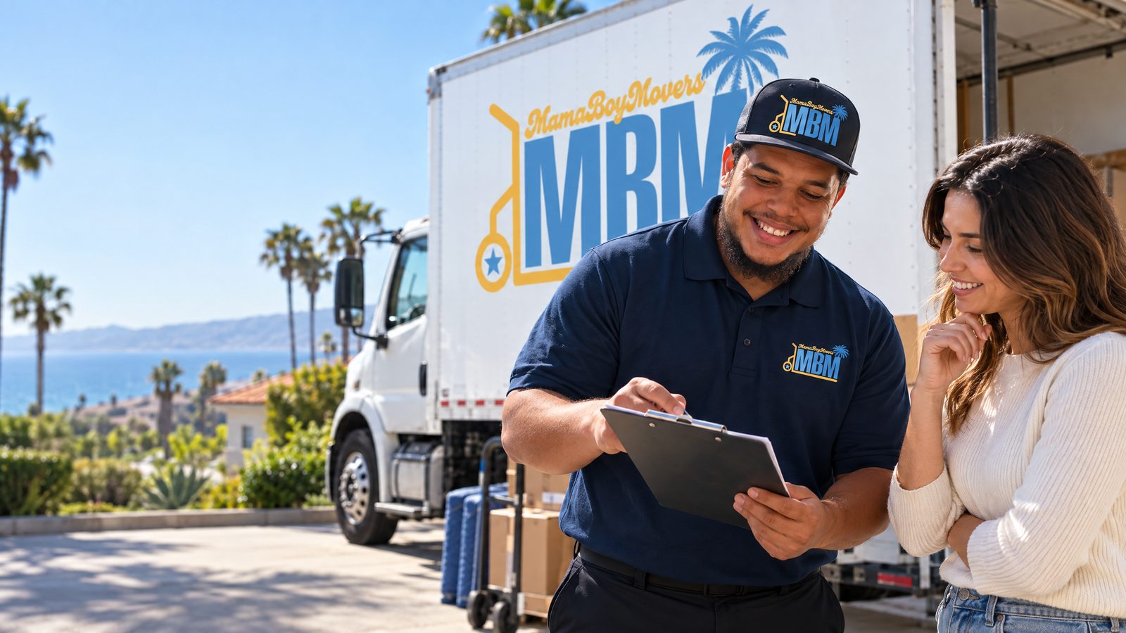 Mama Boy Movers professional reviewing a relocation plan with a customer
